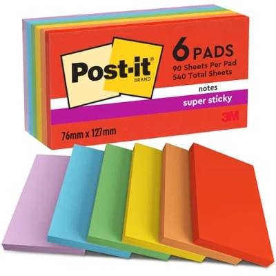 Image of Post it Super Sticky Notes Playful Color Collection, Pack of 6 Pads, 90 Sheets per Pad, 76 mm x 127 mm, Red, Orange, Yellow, Green, Blue, Purple Extra For Note Taking &amp; To Do Lists