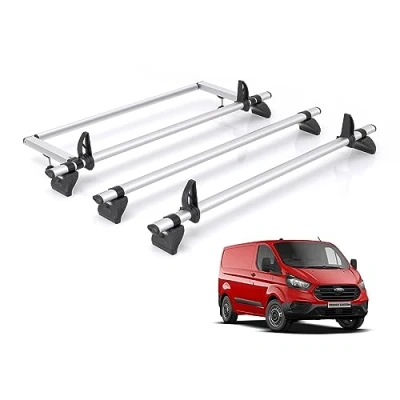 Image of Van Demon Rhino Kammbar Pro 3 Roof Bars With 4 Loadstops &amp; Rack Rear Ladder Roller Bundle for Ford Transit Custom (2013 2024 GEN1) Only Fits Standard