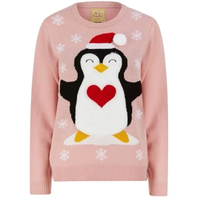 Image of Tokyo Laundry Women&#039;s Penguin Hug LED Light Up Christmas Jumper Pink Almond Blossom 14