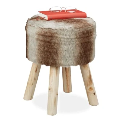 Image of Relaxdays Ottoman, Decorative Faux Fur, Soft Round Seat Stool, Wooden Legs, Country Style, HxØ: 42 x 33 cm, Grey/Brown