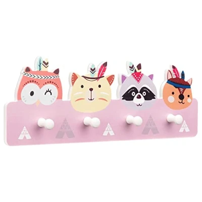 Image of Navaris Kids Coat Hooks Rack Wooden Hanger Rail with 4 Pegs Wall Mounted Children&#039;s Cute Animals Design