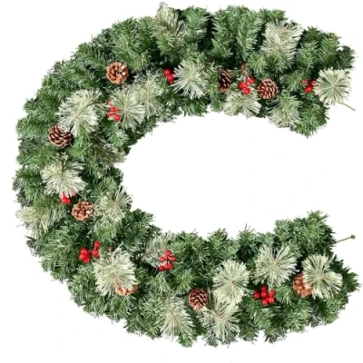 Image of Christmas Garland, Uten 1.8m Fireplace with Pine Needles, Cones and Red Berries Artificial Wreath Garland for Stairs Door Xmas Tree Decoration