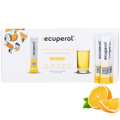 Image of Recuperol Electrolytes Sachets Powder for Rehydration 30 Sugar Free Hydration Zinc, Vitamin C, B12, D3, Potassium Natural Orange Flavour