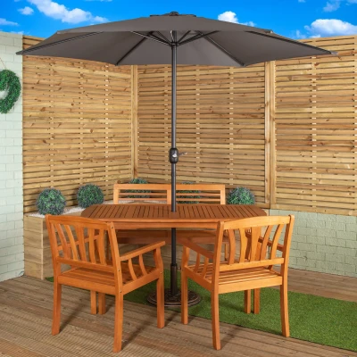Image of Outdoor 4 Person Rectangular Wooden Dining Table, Bench &amp; 2 Chairs with Grey Havana Parasol Base