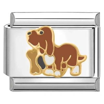 Image of Quiges 9mm Italian Style Charm Link Module Stainless Steel Brown dachshund with Bone for Bracelets