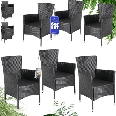 Image of CASARIA® Rattan Garden Chairs Set of 6 Stackable Polyrattan Weatherproof Chair Indoor &amp; Outdoor Adjustable Feet 160kg Load Capacity Black