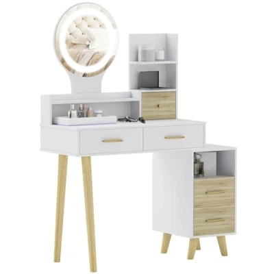 Image of HOMCOM Dressing Table with Mirror, Vanity Adjustable LED Lights, Makeup Desk 5 Drawers and Shelves, White