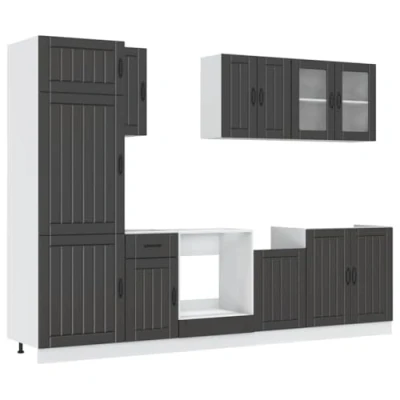 Image of vidaXL Kalmar 8 Piece Kitchen Cabinet Set, Black Wood Material, Unit, Fitted Kitchen, Cupboard Base Cabinet, Wall