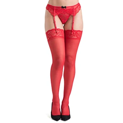Image of Lovehoney Lingerie Women&#039;s Red Sheer Plus Size Thigh High Stockings Stretchy Nylon with Deep Floral Lace Tops One Plus: 18 22