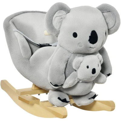 Image of HOMCOM Kids Toddler Rocking Horse Plush Ride On Koala Rocker Wooden Base Seat Safety Belt w/Gloved Doll Toy for 18 36 Months Grey