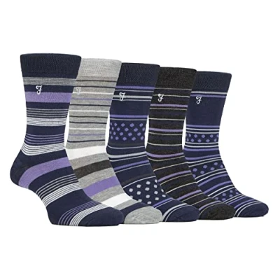 Image of Mens 5 Pair Farah Plain, Striped and Patterned Everyday Bamboo Socks Stripe Dots Navy / Purple 6 11