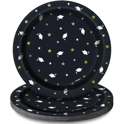 Image of Unique 24874 Paper Plates 18 cm Stars &amp; Caps Graduation Party Pack of 8, Multicolour