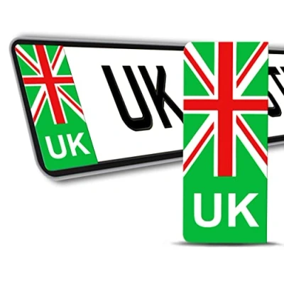 Image of Biomar Labs® 2 x Vinyl UK Car Number Plate Stickers Green EV Electric Brexit United Kingdom Union Jack Flag Decals Badge QV 6