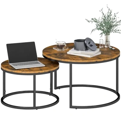 Image of HOMCOM 2 Pcs Stacking Coffee Table Set with Steel Frame, Rustic Brown