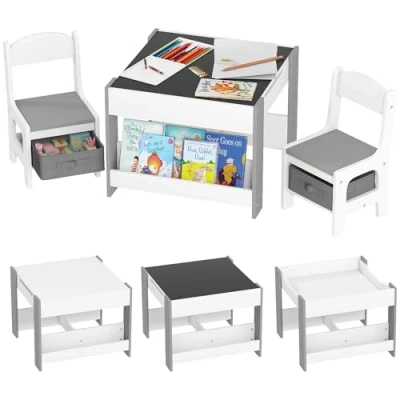 Image of HOMCOM 3 Piece Kids Table and Chair Set, 2 in 1 Design Desk Set with Blackboard, Storage, Bookshelves, for Nursery, Playroom, Classroom Grey