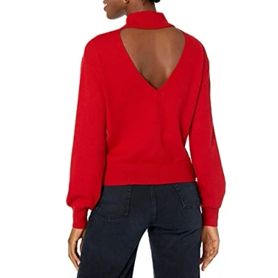 Image of The Drop Women&#039;s Jaclyn Cutout Back Mock Neck Sweater, Flame Red, 5XL Plus