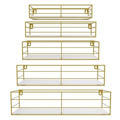 Image of HORLIMER 5 Pack Floating Shelves for Wall, Rustic Wooden Wall Mounted Bedroom Bathroom Kitchen Living Room Office, Gold
