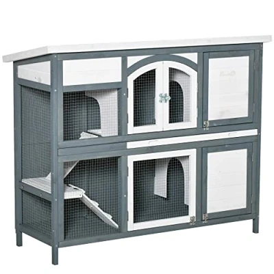 Image of PawHut Rabbit Hutch Outdoor Guinea Pig 2 Tier Wooden Cage w/Ramp, Divider, Openable Roof, 125 x 48 100cm Grey