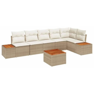 Image of vidaXL 7 Piece Garden Sofa Set with Cushions Beige Poly Rattan Acacia