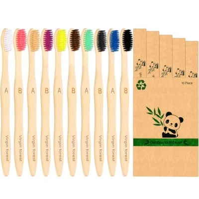 Image of 10 Pcs Bamboo Toothbrush with Coloured Soft Bristles Eco Friendly Biodegradable Organic Natural Wood for Sensitive Gums