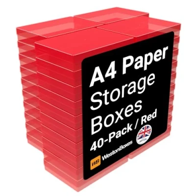 Image of WestonBoxes A4 Colourful Transparent Plastic Craft Storage Boxes with Lids for Art Supplies, Paper and Card (Red/Pack of 40)