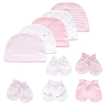 Image of Baby Hat and Mittens, Newborn Set, 5 Hats Pairs Mittens for Babies, Boys, Girls, Ages 0 6 Months, 100% Cotton, Pink