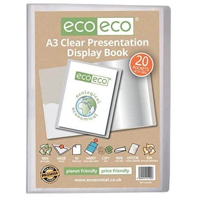 Image of eco A3 Size 50% Recycled 20 Pocket Clear Presentation Display Book, Storage Case Portfolio Art Folder with Plastic Sleeves, eco100