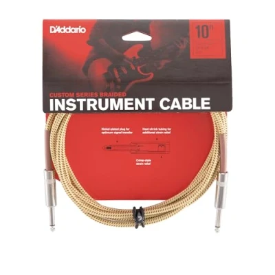 Image of D’Addario Accessories Custom Series Braided Guitar Cable Instrument with Nickel Plated ¼ Inch Ends Protects Cord Against Cuts, Kinking 10 feet Tweed