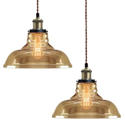 Image of Long Life Lamp Company 2 x Modern Loft Industrial Glass Bowl Pendant Light Shade Smoked Antique Brass Retro Vintage Ceiling Lighting 83