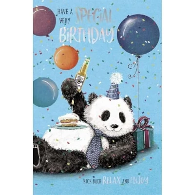 Image of Carte Blanche Male Birthday Card General for Men Party Panda Bear with Beer and Cake Foil Details Eco Friendly