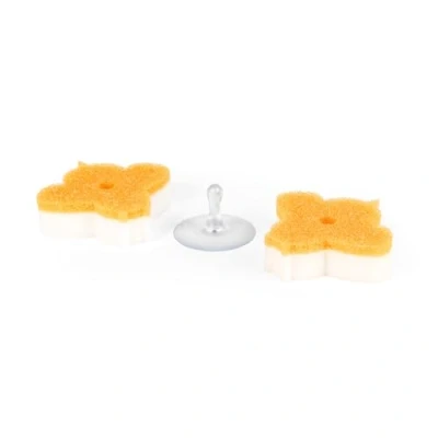 Image of Kleeneze KL072832EU7 Dish Sponges Scrubbing Scourer Sponge for Washing Up, Scratch Free Abrasive Scrub, Soft Layer, Double Sided, Kitchen &amp; Cleaning, with Suction Holder, Busy Bee, 2 Pack