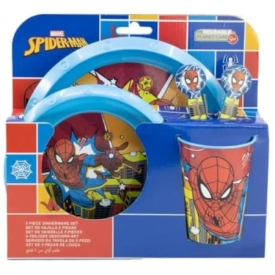 Image of Favourite 2023 Hero Cartoon Character 5pc Breakfast Set Inc Plate, Tumbler, Bowl, Fork, Spoon re usable Plastic (Spiderman)