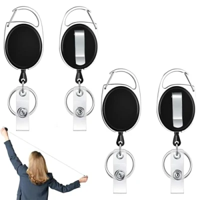 Image of 4pcs Retractable Key Ring, Badge Reel, Lanyard, Carabiner and Belt Clip for ID Holder, Card Card, Black
