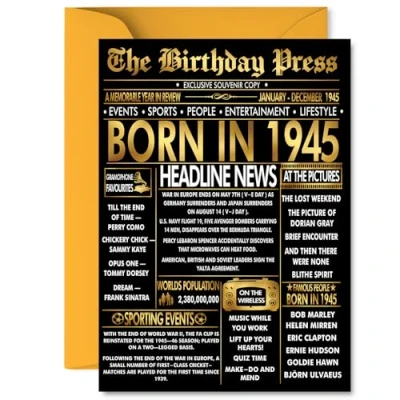 Image of Gold 80th Birthday Card for Men Women Black &amp; Golden Newspaper Born in 1945 Happy 80 Cards Husband Dad Nan Grandad Wife Auntie, 5x7 Inch Bday Greeting