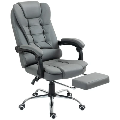 Image of HOMCOM Executive Office Chair, PU Leather Home Chair with Swivel Wheels, Reclining Backrest, Retractable Footrest, Grey