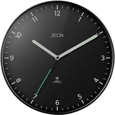 Image of ZEON Round Radio Controlled Analogue Wall Clock for Central European Time Zone (DCF/GMT+1), Easy to Read Black Living Room, Kitchen, Bedroom &amp; Office, 30cm Diameter, CE4553 DCF