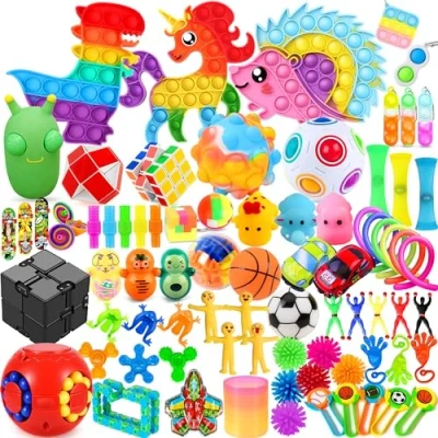 Image of Paochocky Fidget Toy Set, 80PCS Toys Pack, Relief Stress Green Bug Toy, Sensory Anxiety Decompression for Autism, Hedgehog Unicorn Dinosaur Relaxing Adults Kids Birthday Party Gift