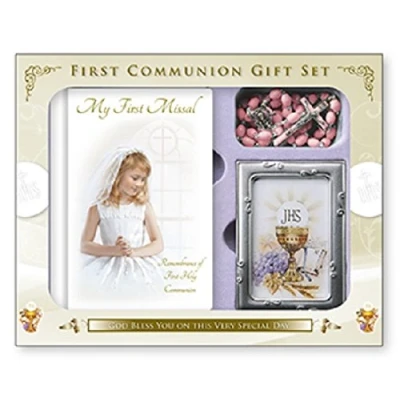 Image of Girl&#039;s First Holy Communion Missal Book, Rosary Beads &amp; Photo Frame Gift Set