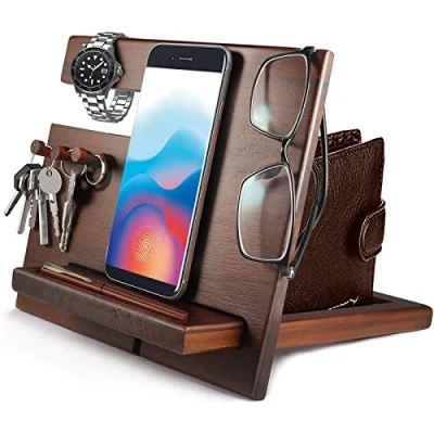 Image of Father&#039;s Day Dad Gifts from Daughter/Son Bedside Organiser for Men Wood Phone Docking Station Key Wallet Watch Stand Fathers Presents Birthday Him