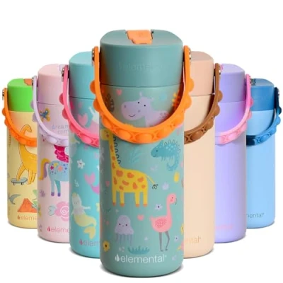Image of Elemental Insulated Kids Water Bottle, Stainless Steel Bottle with Straw Lid &amp; Pop It Handle, Leak Proof Bottles for School, Boys or Girls, Travelling and Sports, 18oz Safari