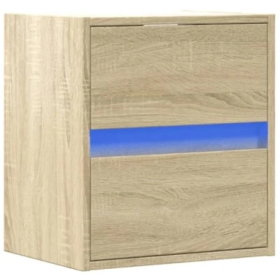 Image of vidaXL Wall Mounted Bedside Nightstand Sonoma Oak 2 Drawers LED Lights Engineered Wood Bedroom Utility