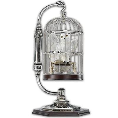Image of The Noble Collection Harry Potter Miniature Hedwig in Cage Resin Snowy Owl Sculpture Metal and Wood Pedestal Display Officially Licensed Film Set Movie Props