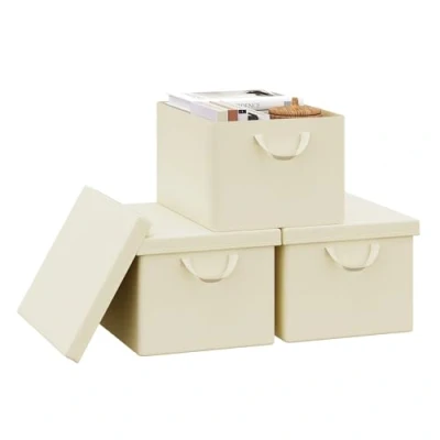 Image of WOLTU Storage Boxes Set of 3, Baskets, Cubes with Handles and Lid, Fabric Folding Baskets for Shelves in Bedroom, Study, Children&#039;s Room, Metal Frame, Cream, 43x26x33 cm