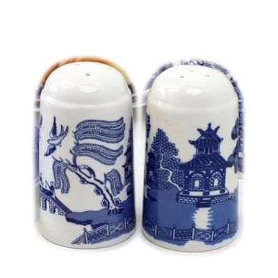Image of Set of 2 Blue Willow Salt and Pepper Shakers Ceramic Classic English Cruet Pots