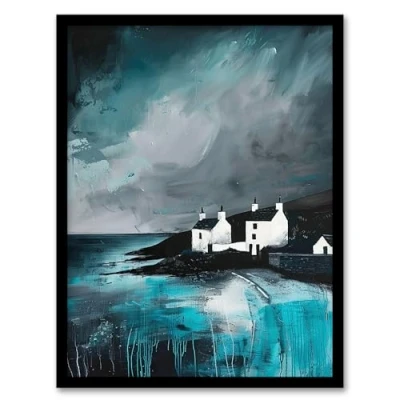 Image of Artery8 Coastal Cottages Oil Painting Grey Sky Scotland Living Room Artwork Framed Wall Art Print 18X24 Inch