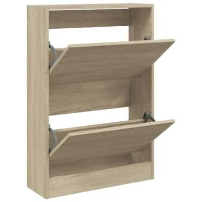 Image of vidaXL Shoe Cabinet in Sonoma Oak Finish Engineered Wood Rack with 2 Flip Drawers &amp; Sturdy Top, 60x21x87.5 cm, Brown
