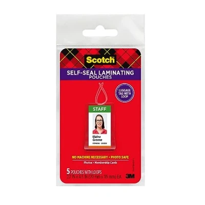 Image of Scotch 3M Self Sealing Laminating Pouches, Bag Tags with Loops, Glossy, 5 Pouches (LS853 5G)