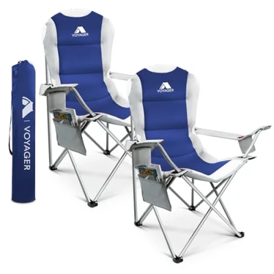 Image of Voyager 2 Pack Premium Outdoor Camping Chair Set, 120kg Capacity, 3.3kg Per Chair, Waterproof &amp; Foldable with Cup Holder Side Pockets Ideal for Garden, Fishing, Picnic, Travel Comfort