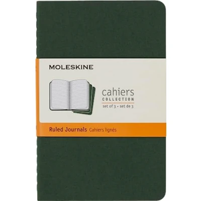 Image of Moleskine Cahier Journal, Set 3 Notebooks with Ruled Pages, Cardboard Cover Visible Cotton Stiching, Colour Myrtle Green, Pocket 9 x 14 cm, 64 Pages