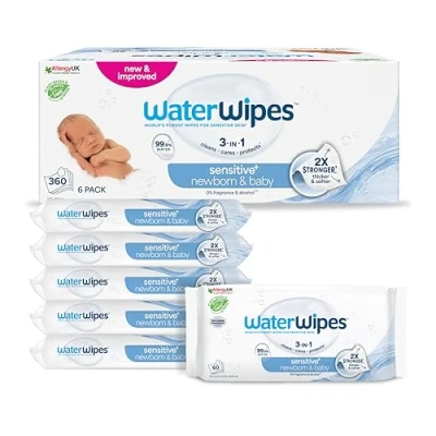 Image of WaterWipes Plastic Free Original Baby Wipes, 360 Count (6 packs), 99.9% Water Based Unscented for Sensitive Skin